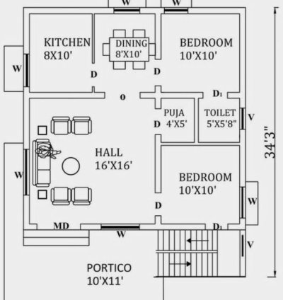 28.3 x 34.3 Feet 2D Layout Plan