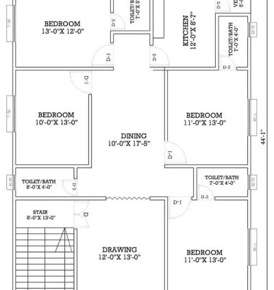 32.8 x 44.1 Feet 2D Layout Plan
