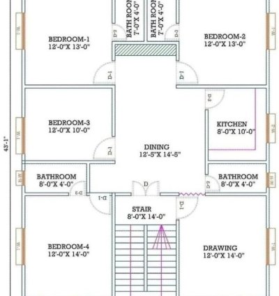 34.1 x 43.1 Feet 2D Layout Plan