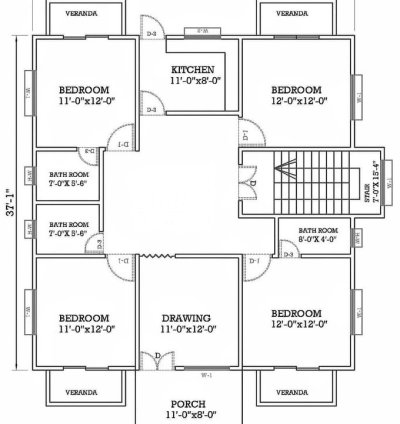 35.8 x 37.1 Feet 2D Layout House Plan